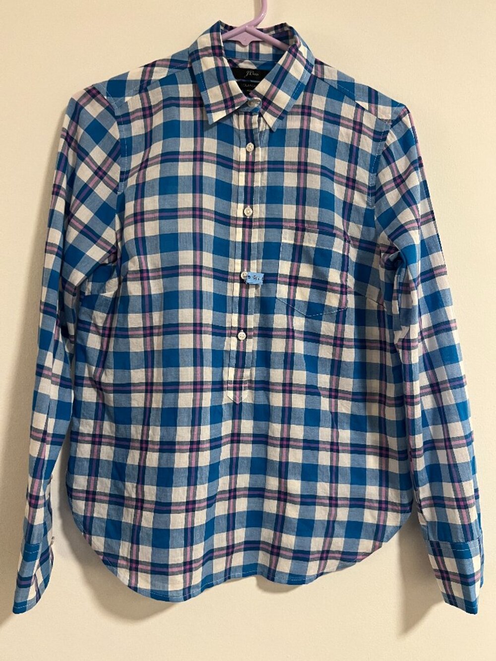 Crew Classic Fit Plaid Button Front Shirt Size 0 Blue Pink Cotton Stretch